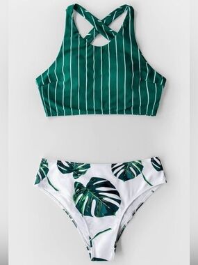 Cupshe Green Striped High-Neck Bikini with White Leaf Print Bottoms
